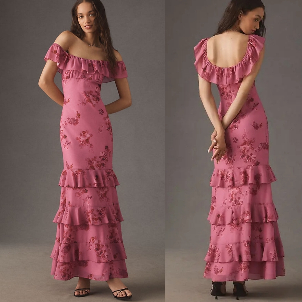 NEW NWT Anthropologie BHLDN Elara Ruffle Chiffon Floral Maxi Dress